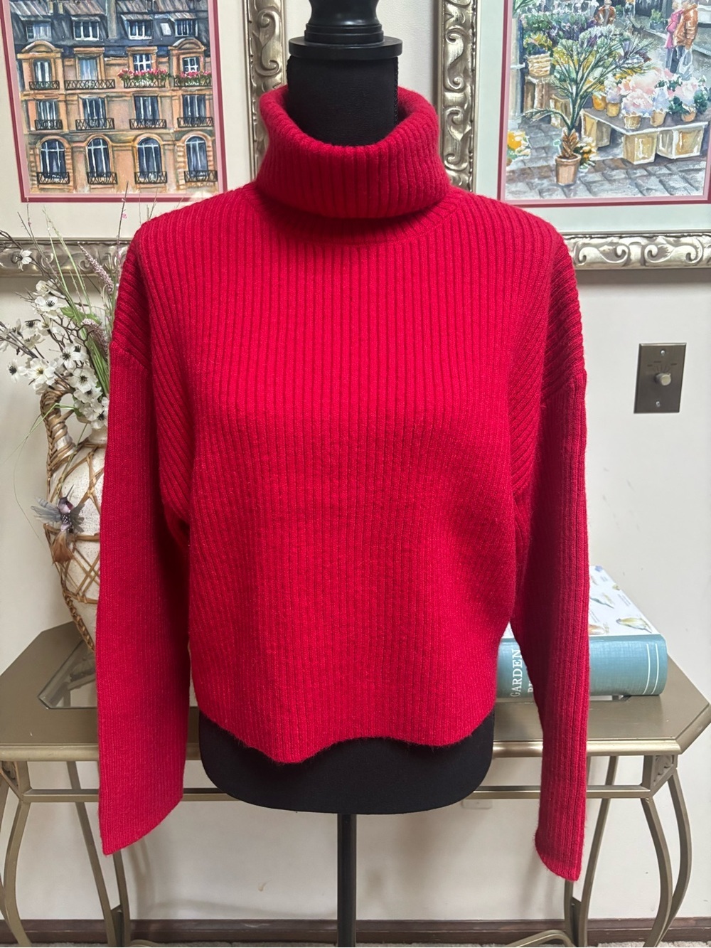 Line & Dot Bright Red Chunky Ribbed Turtleneck Sweater- Cropped Relaxed Fit Sz L